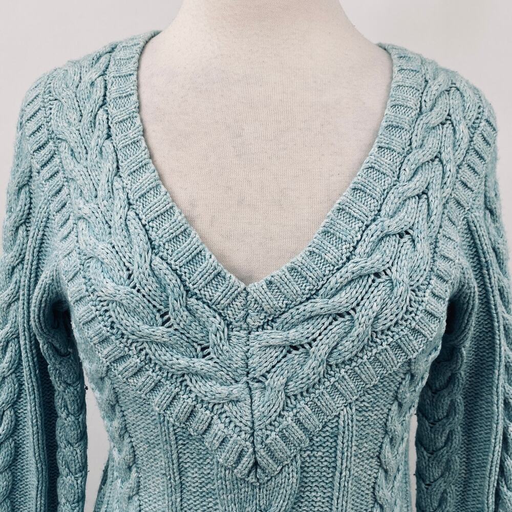 Vintage Y2k Old Navy Cotton Lambswool Sweater V Neck Pom Pom Cable Knit Blue M - Picture 3 of 8